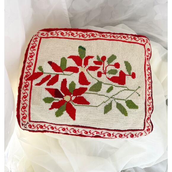 Vintage 60’s Christmas Needlepoint Pillow COVER Poinsettia Red Velvet FOLK ART - Picture 1 of 6